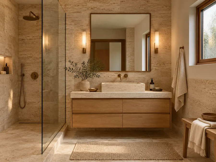 Illustrative AI concept: Warm, softly patterned stone sits beside a simple oak vanity. Cream towels and a restrained mirror shape keep the room calm while allowing the stone texture to remain visible.