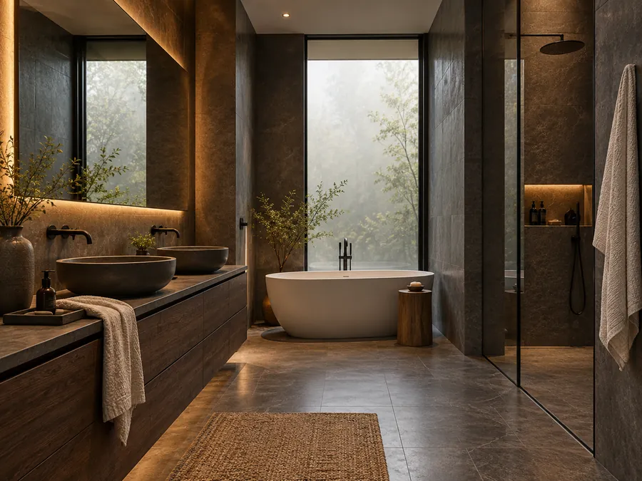 Illustrative AI concept: Charcoal stone and smoked wood create a cocooning bathroom palette. Warm mirror lighting and pale towels lift the darker surfaces so the room still feels usable and welcoming.