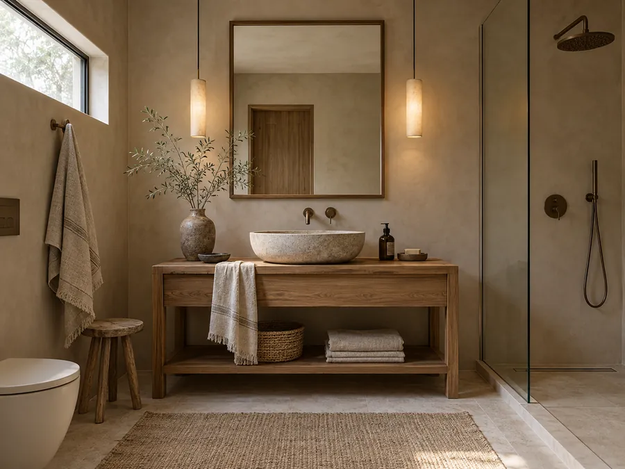 Illustrative AI concept: A pale stone basin and textured neutral walls make a modest bathroom feel considered. Linen-toned towels and one ceramic vessel add softness without turning the counter into a display.