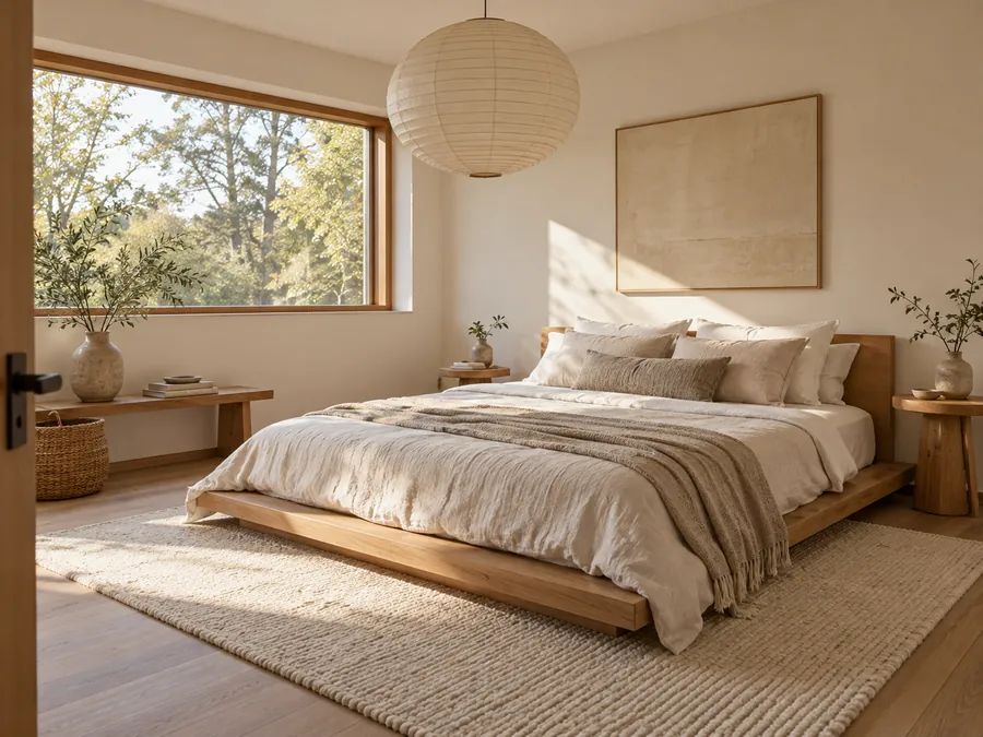 Illustrative AI concept: An oak platform bed gives this bedroom a low, settled silhouette. Layered oatmeal linen and a paper pendant bring warmth while keeping the bedside surfaces clear.