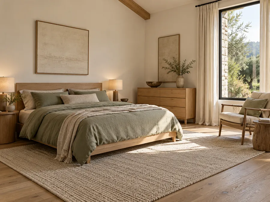 Illustrative AI concept: Muted sage bedding adds color without breaking the calm palette. Light oak furniture, cream curtains and warm bedside lamps balance the cooler green against natural wood.