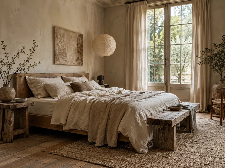 Illustrative AI concept: Limewashed walls and rumpled linen let texture do the decorating. A raw timber bench and an irregular clay vase make the room feel lived in rather than staged.