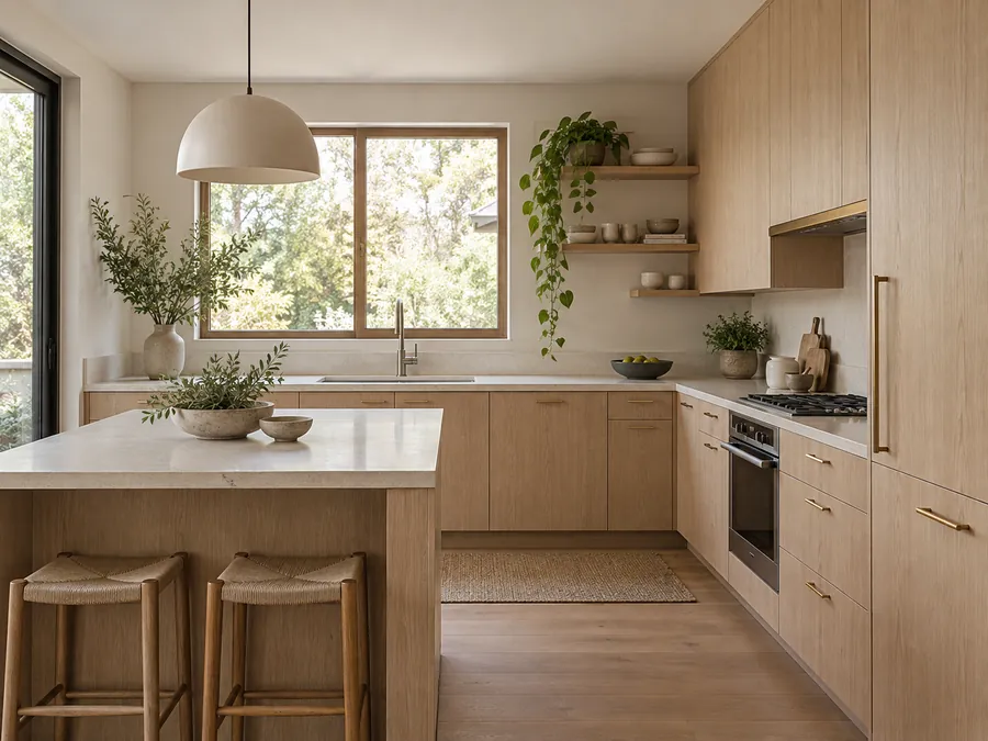 Illustrative AI concept: Flat oak fronts and a pale stone worktop create a simple backdrop for everyday cooking. Small ceramic pieces add warmth without taking over the usable counter space.