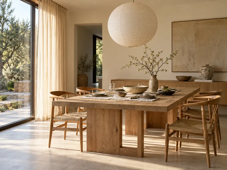Illustrative AI concept: A paper pendant casts soft light over a solid oak table and woven chairs. The uncluttered tabletop gives handmade bowls and a single branch room to stand out.