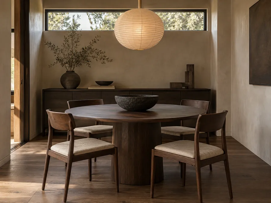 Illustrative AI concept: Dark walnut furniture anchors this compact dining area against pale plaster. A soft pendant and linen seat cushions keep the contrast comfortable instead of stark or formal.