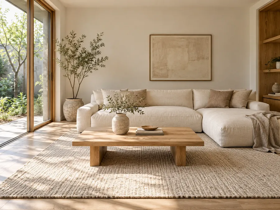 Illustrative AI concept: A low oak table and generous linen sofa keep the sitting area grounded. Pale walls and a textured rug soften the contrast without crowding the room.