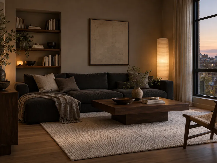 Illustrative AI concept: Smoked wood and charcoal upholstery add depth to this Japanese style sitting room. A paper lamp and light rug keep the darker furniture from feeling heavy.