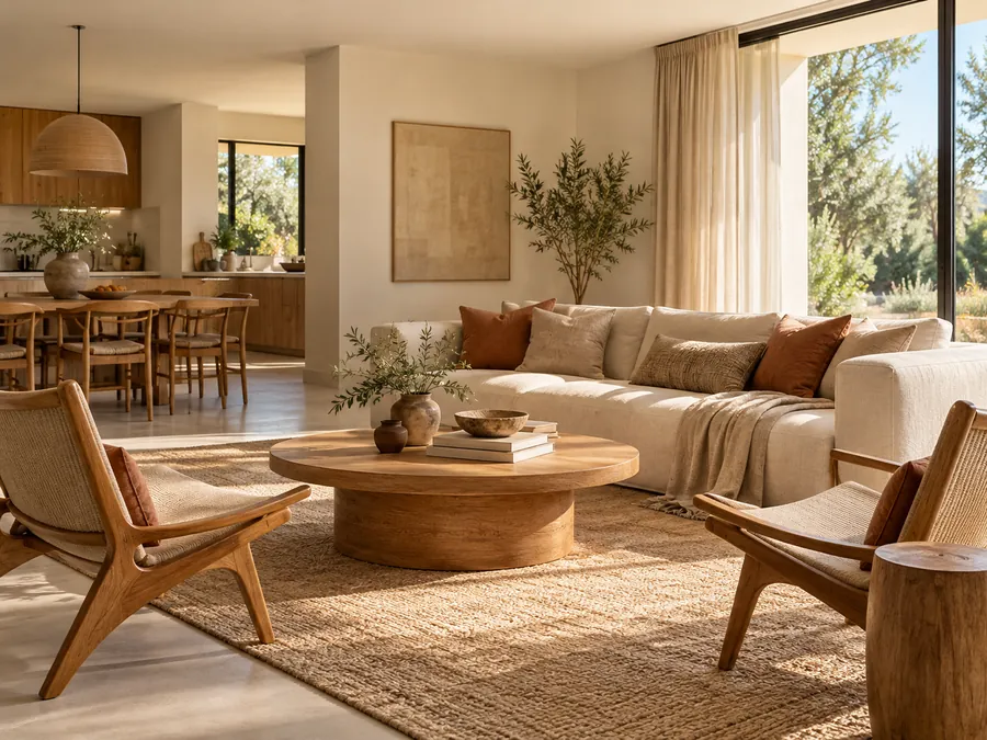 Illustrative AI concept: Curved timber chairs complement Japanese style living room furniture with a softer Scandinavian touch. Clay cushions, cream upholstery and a rounded table create a relaxed conversation area.