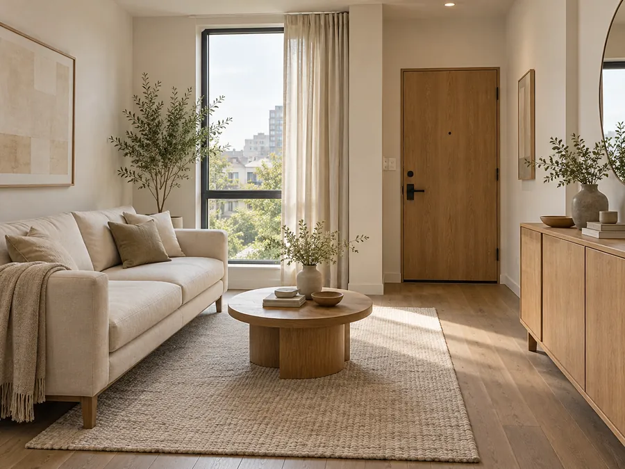 Illustrative AI concept: A slim sofa and small round table leave more visible floor in this apartment. Closed oak storage gives daily clutter a home while the quiet palette ties everything together.