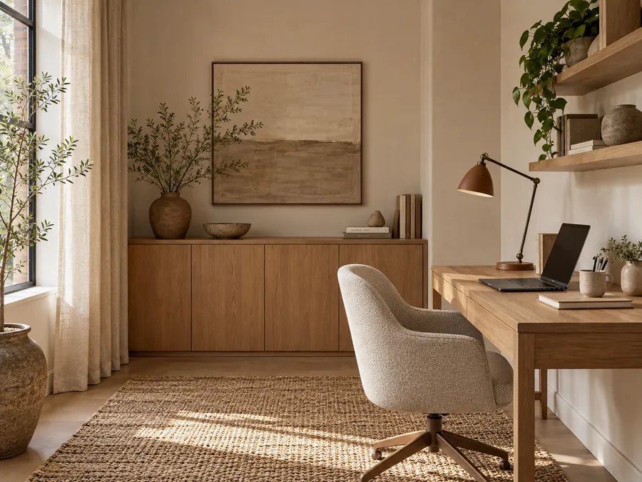 Illustrative AI concept: A narrow oak desk and comfortable chair keep this home office focused. Linen curtains soften daylight, while closed storage and a single task lamp reduce distracting visual clutter.