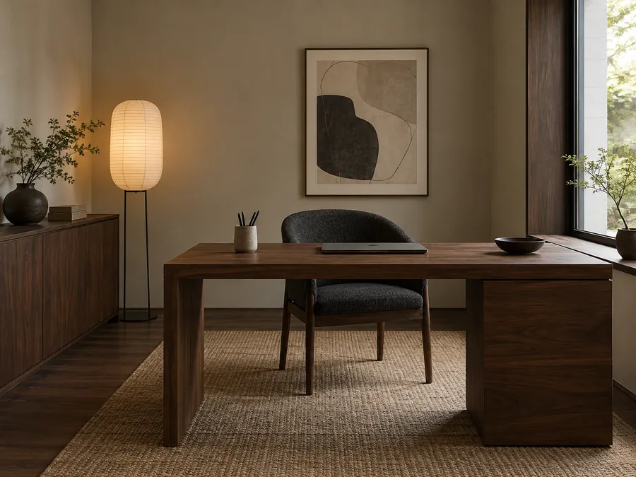 Illustrative AI concept: A walnut desk and charcoal chair give this small study a grounded feel. Pale walls and a paper floor lamp bring balance without a busy gallery of accessories.