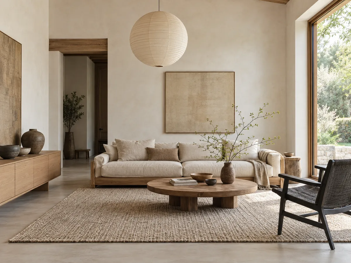 Illustrative AI concept: Japandi sitting room with low timber furniture, linen, paper lighting and handmade ceramics