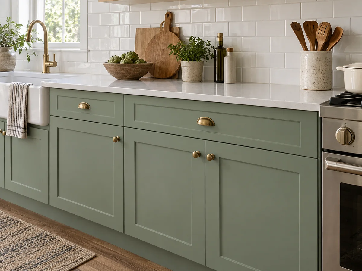 Sage green Shaker cabinet doors beside existing white quartz counters