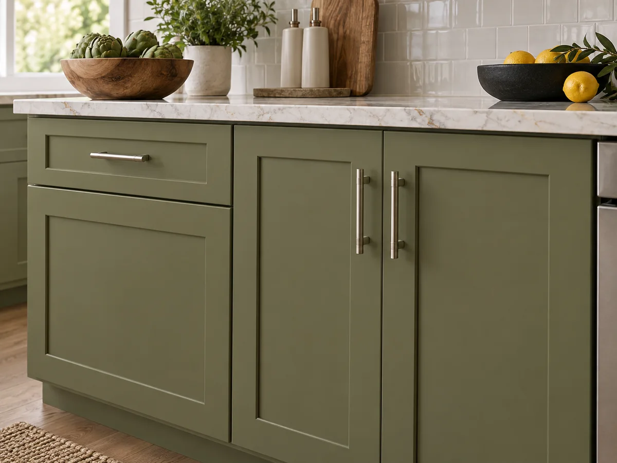 Shaker cabinet doors with nickel pulls in an olive green cabinet color