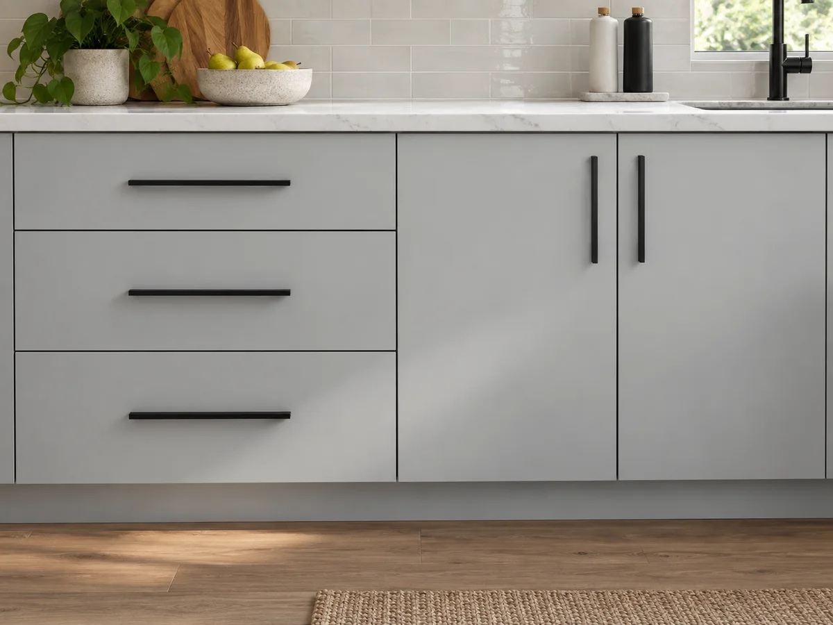 Light gray slab doors fitted to the original door and drawer openings