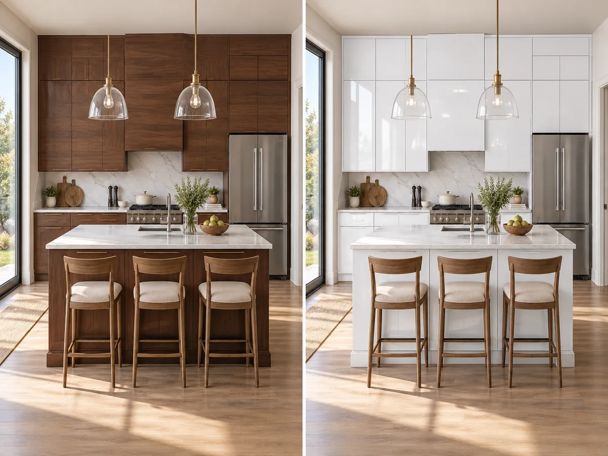 Illustration of one kitchen with two cabinet finishes side by side
