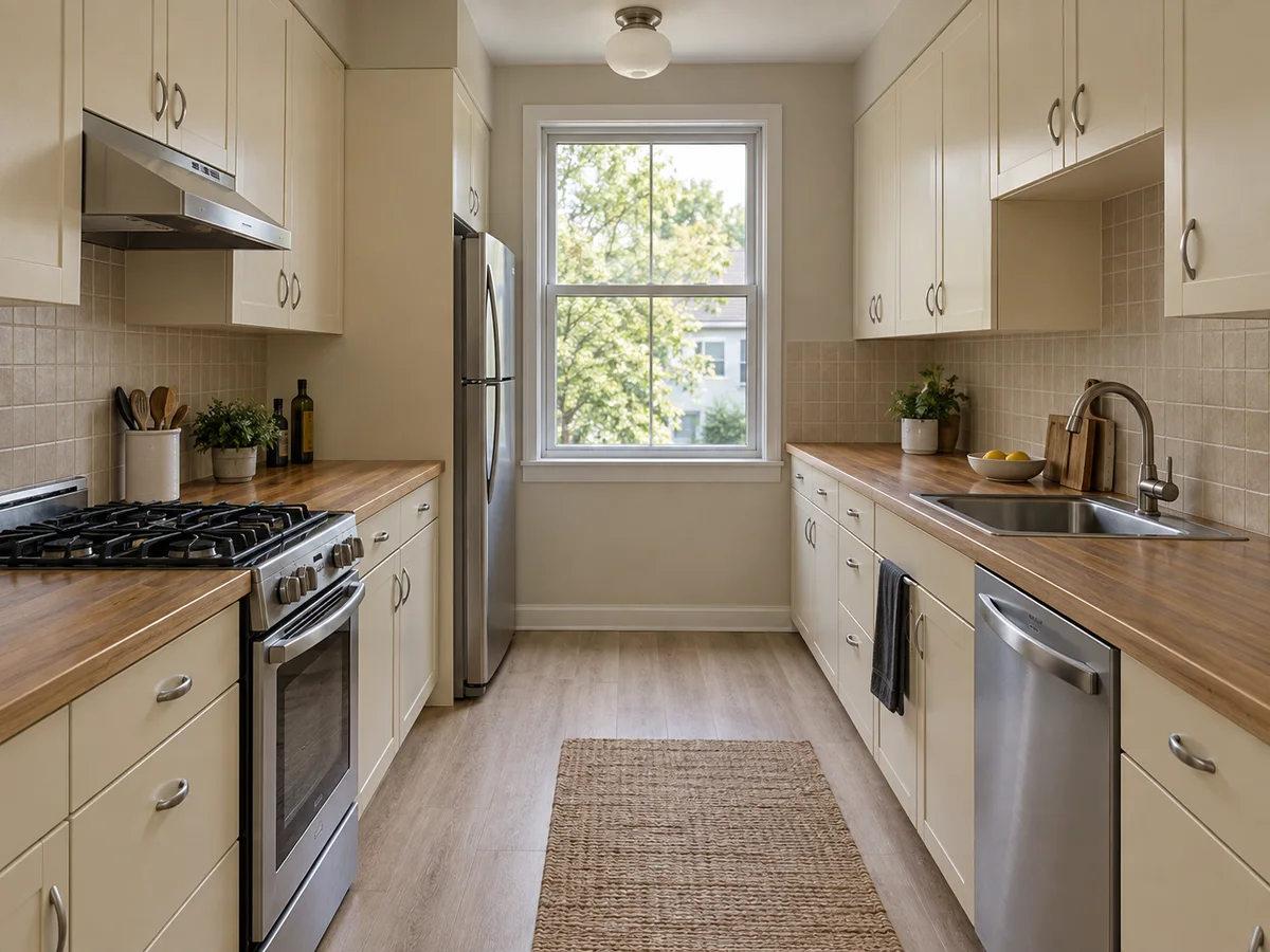 Navy Blue Shaker Cabinets in a Galley Kitchen — Before