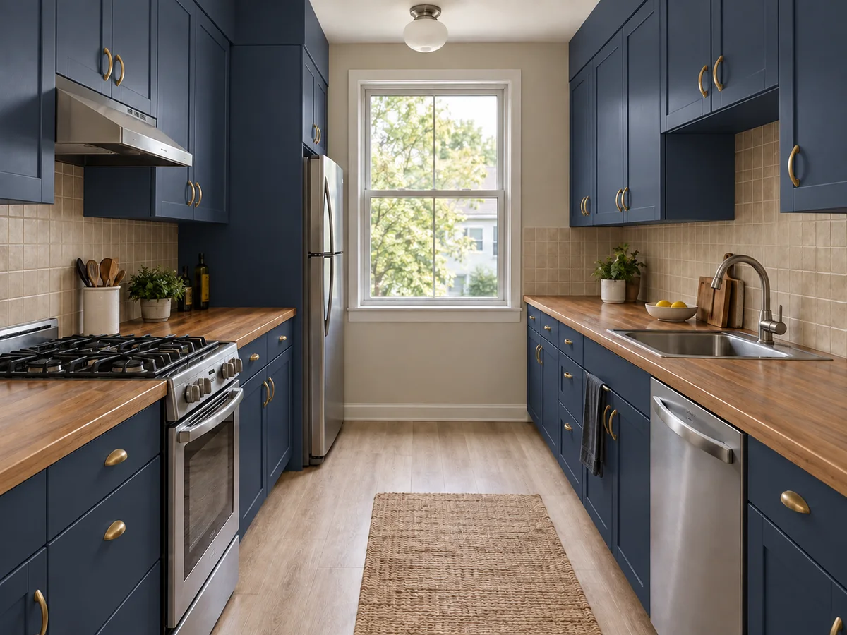 Navy Blue Shaker Cabinets in a Galley Kitchen — After