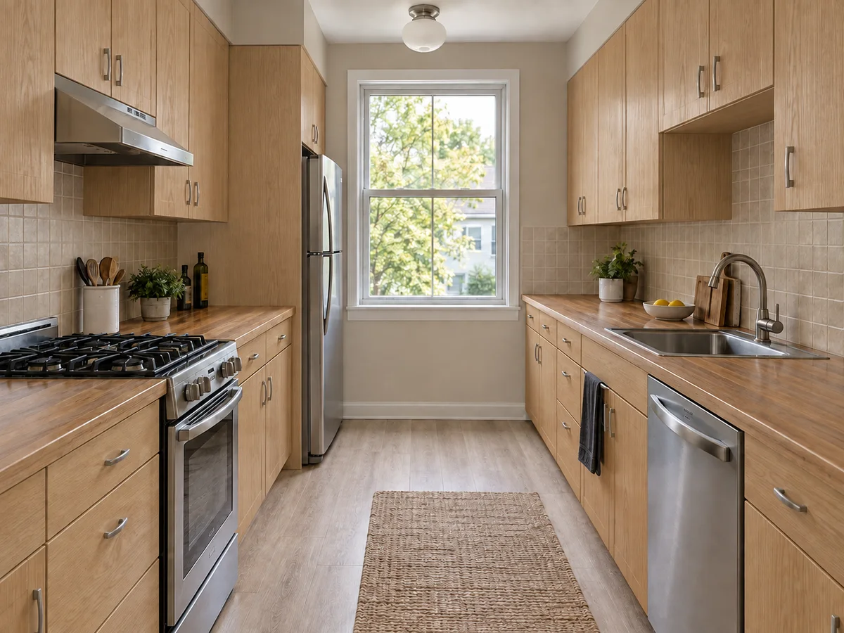 Natural Oak Cabinets in a Galley Kitchen — After