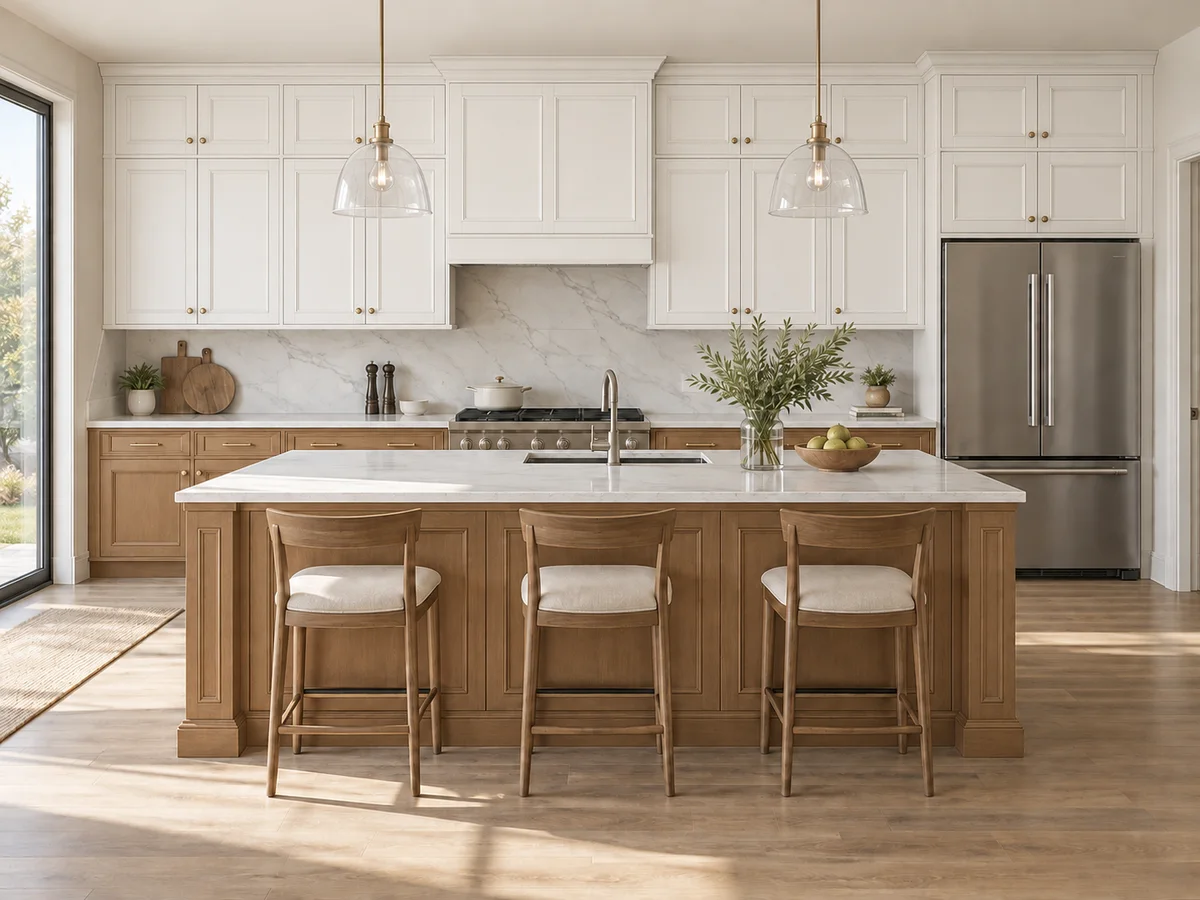 Two-Tone White & Wood Kitchen Cabinets — After