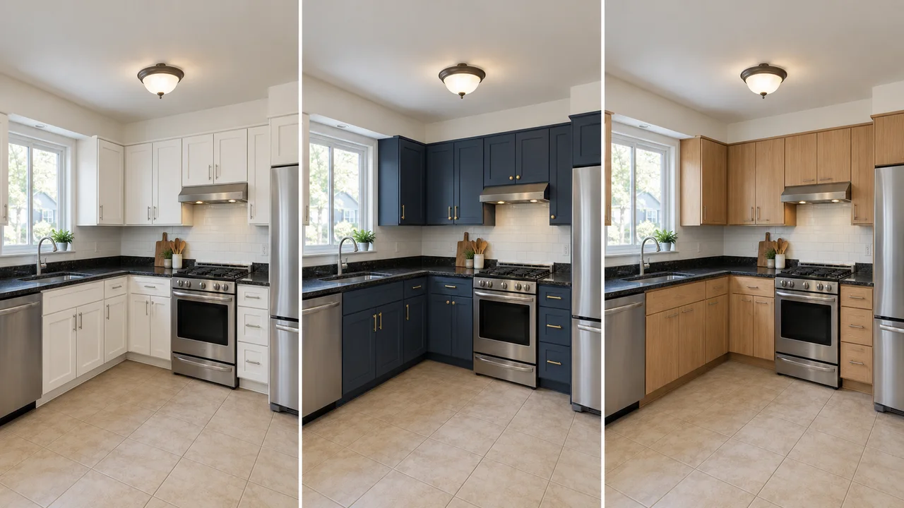 One kitchen shown with three different cabinet finishes