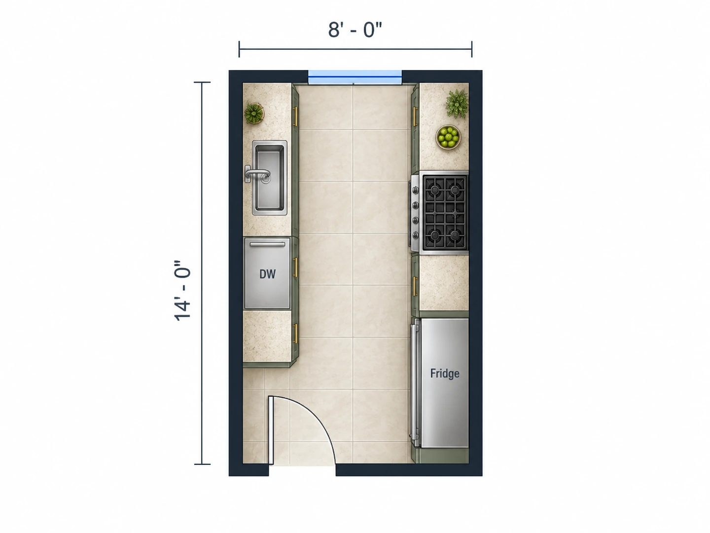 8×14 ft galley kitchen with a 48 in aisle between the runs — After
