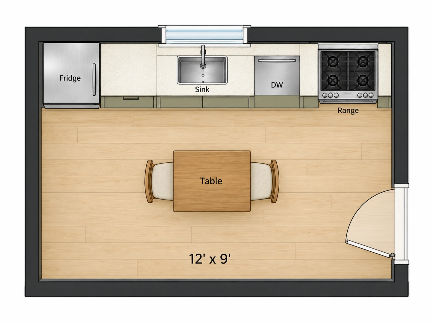 One-wall kitchen layout with a table for two in the room