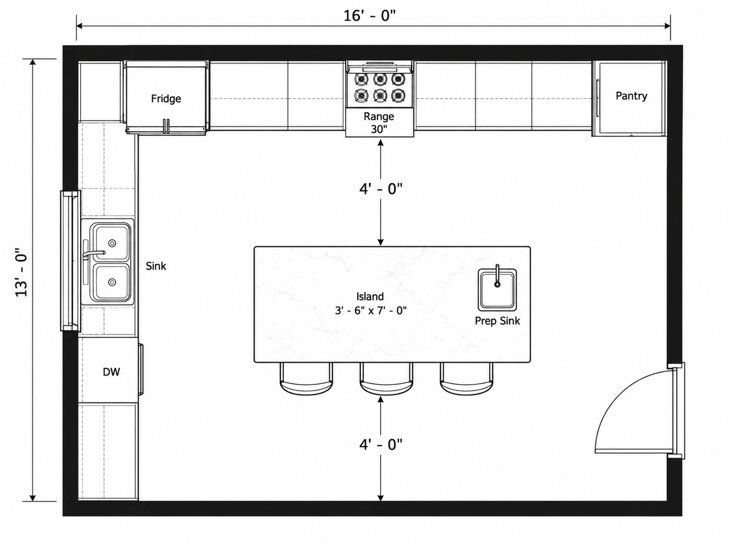 Two-cook island kitchen plan with 48 in aisles and a prep sink in the island