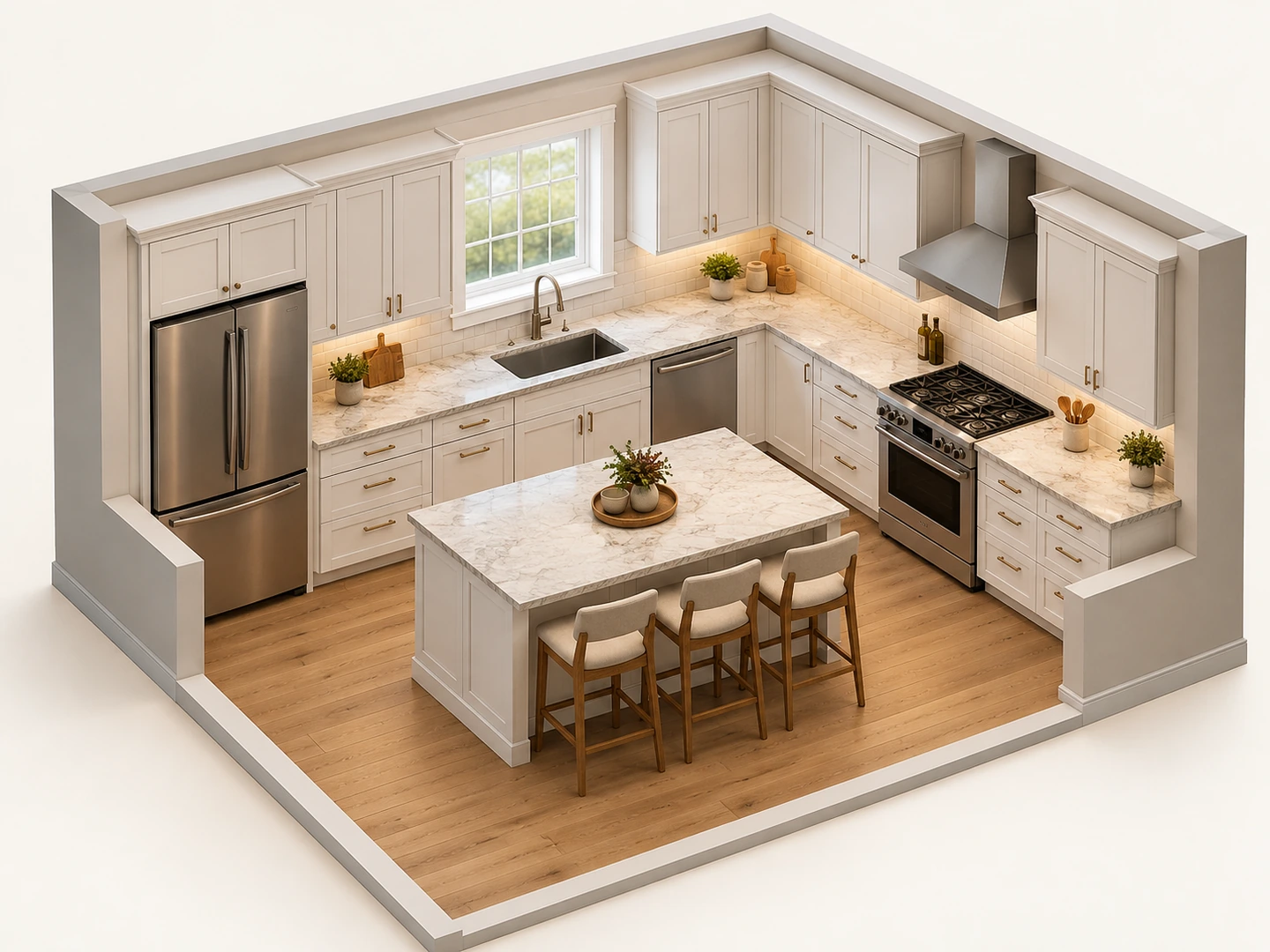 3D isometric view of an L-shaped kitchen with an island
