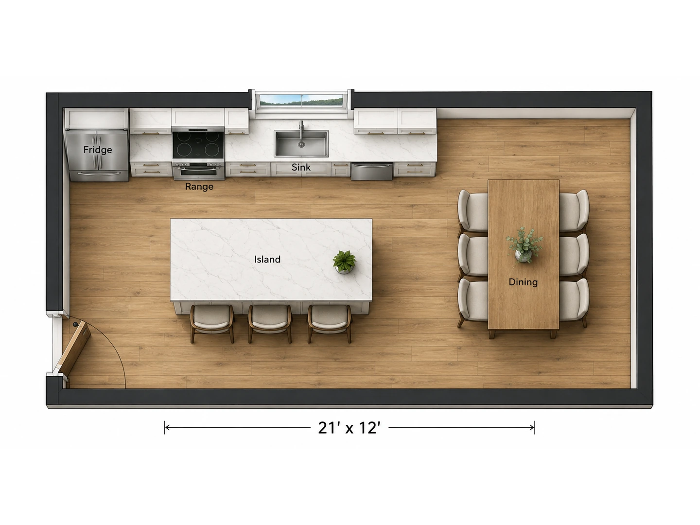 Open kitchen and dining room plan with an island and a table for six