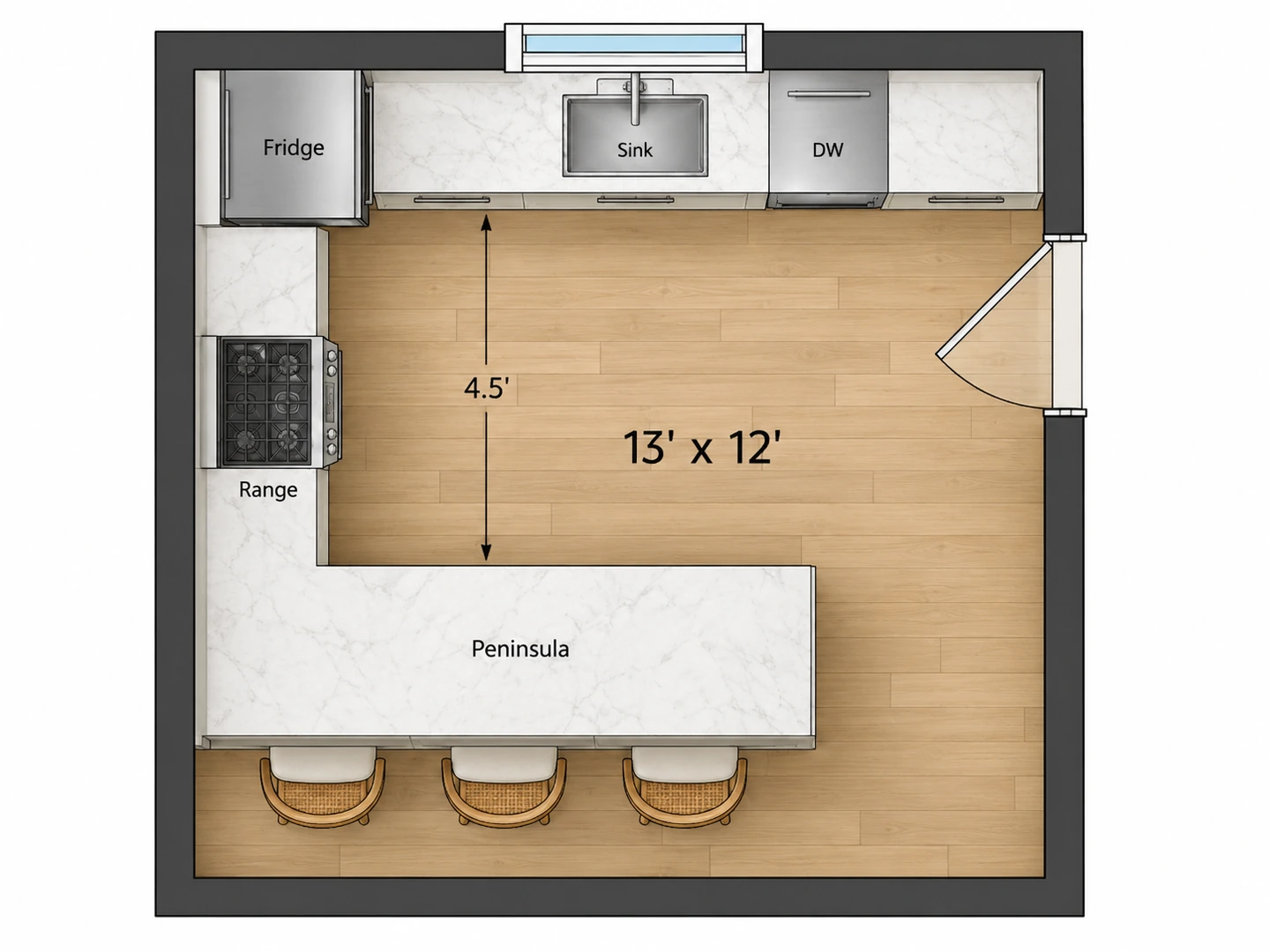 Plan of kitchen layout with a peninsula and seating for three