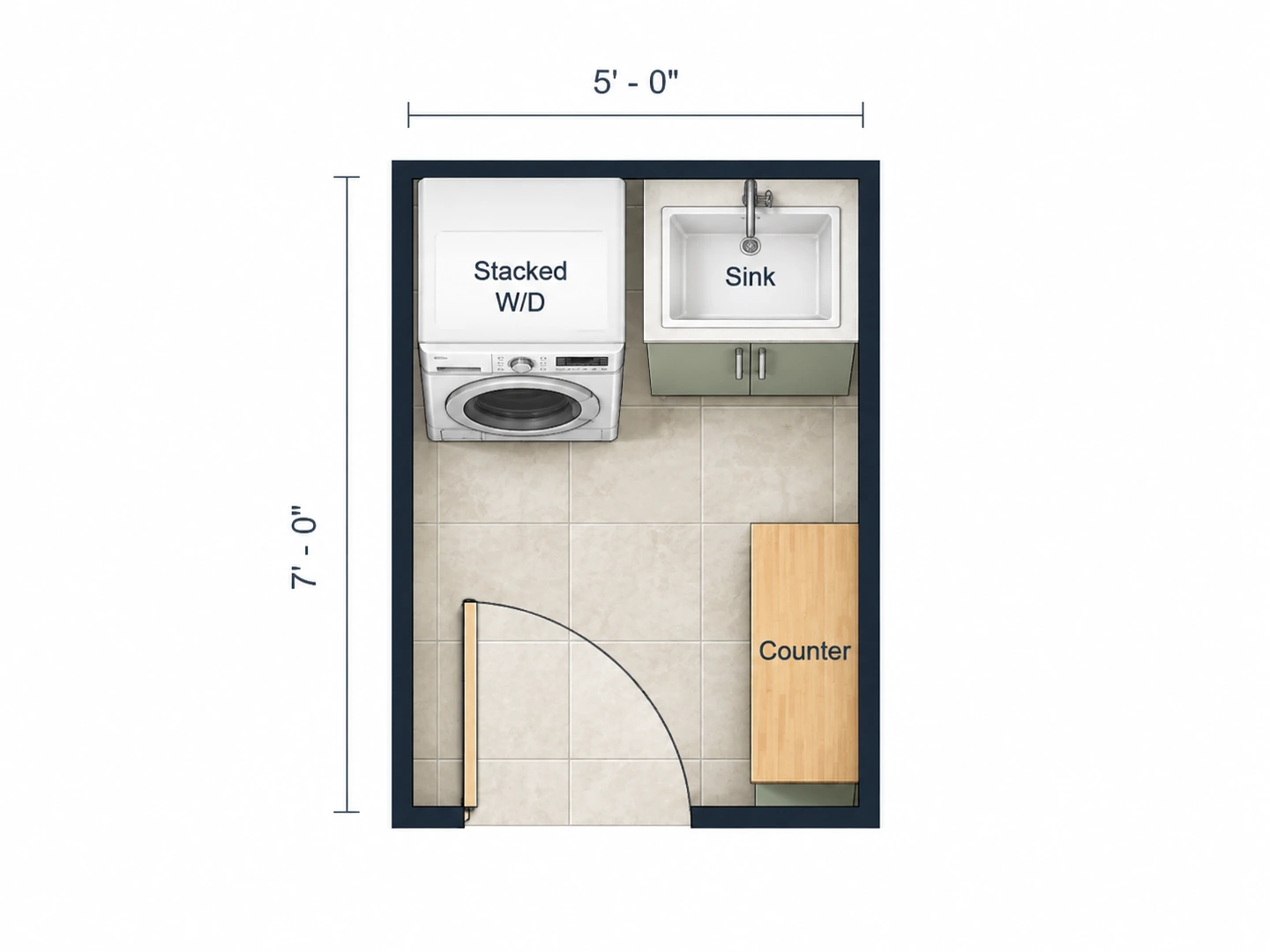 5×7 ft laundry room layout with a stacked washer-dryer and sink — After