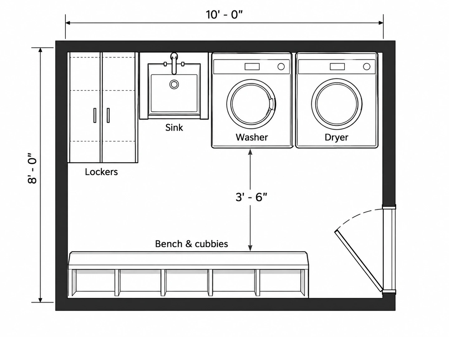 8×10 ft mudroom laundry with lockers, a bench and side-by-side machines — After