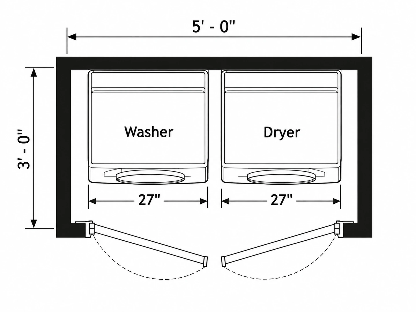 Laundry closet floor plan with a side-by-side washer and dryer behind bifold doors