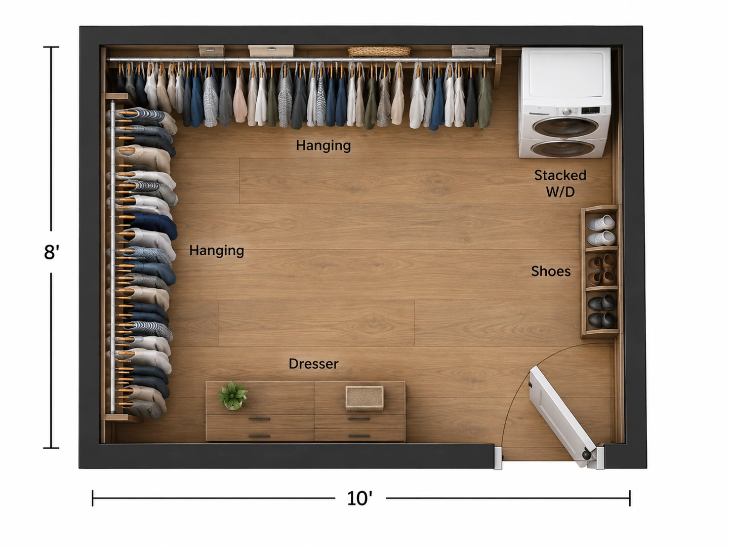 Walk-in closet floor plan with a stacked washer and dryer in the corner