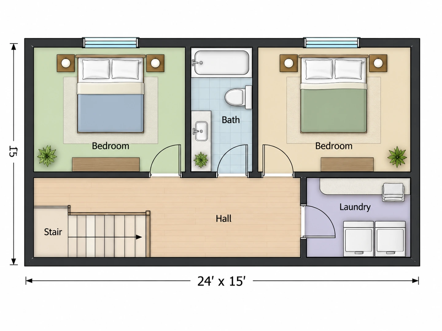 Upstairs floor plan with a laundry room off the hallway next to the bedrooms
