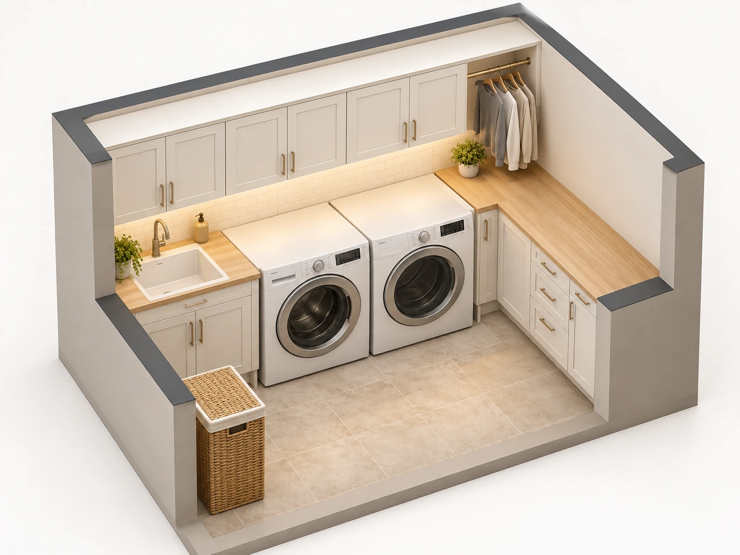 3D isometric view of a 6×10 ft laundry room with a folding counter