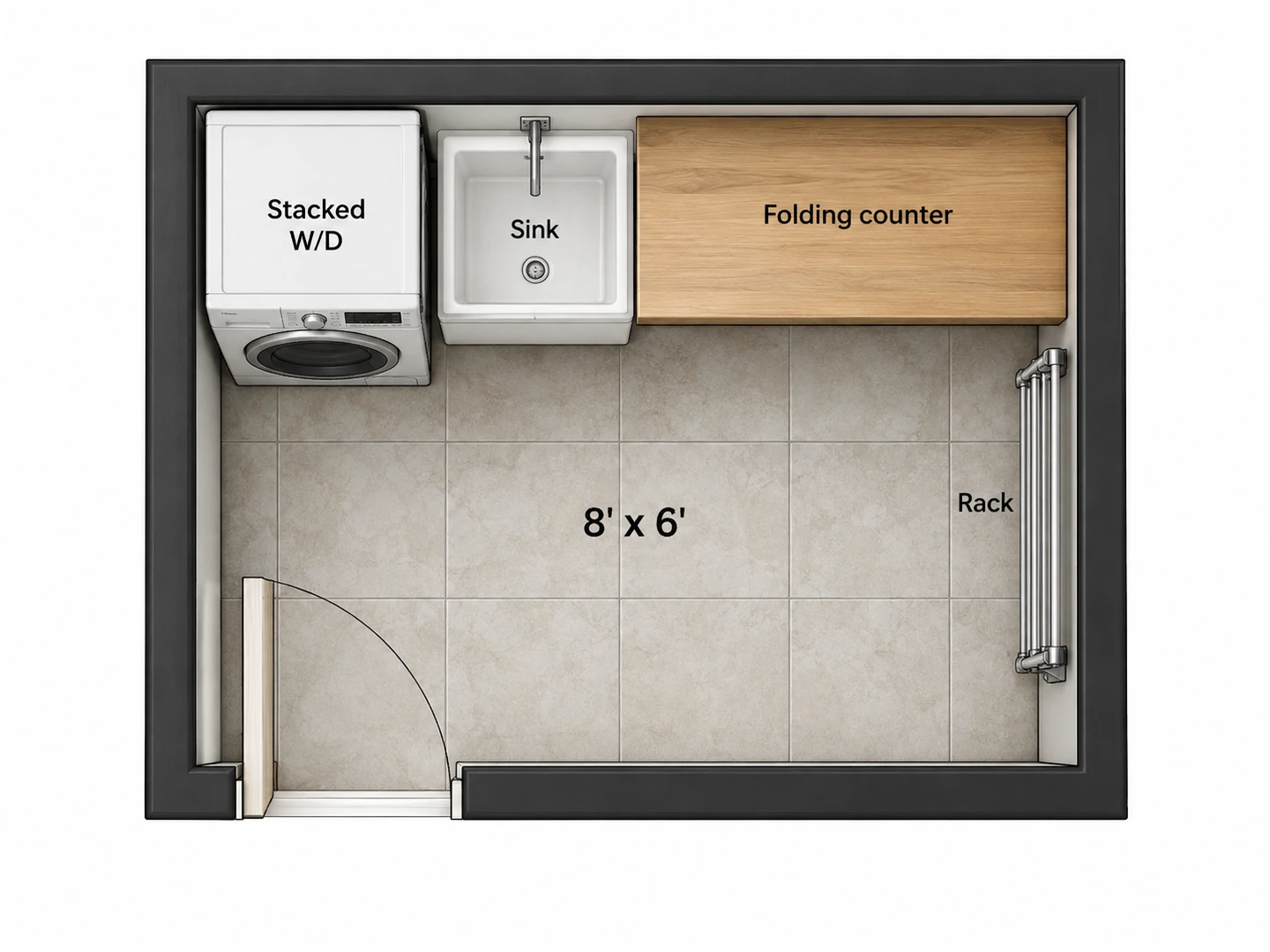 6×8 ft laundry room floor plan with a stacked washer and dryer, sink and folding counter