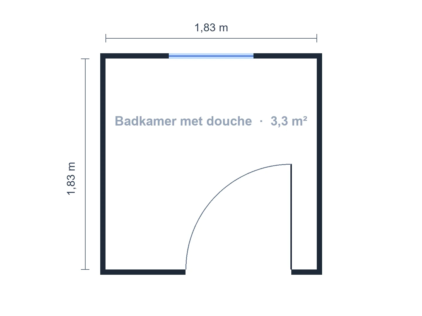 Badkamer van 1,8 × 1,8 m (ca. 3,3 m²) met een hoekdouche van ca. 90 × 90 cm — Voor