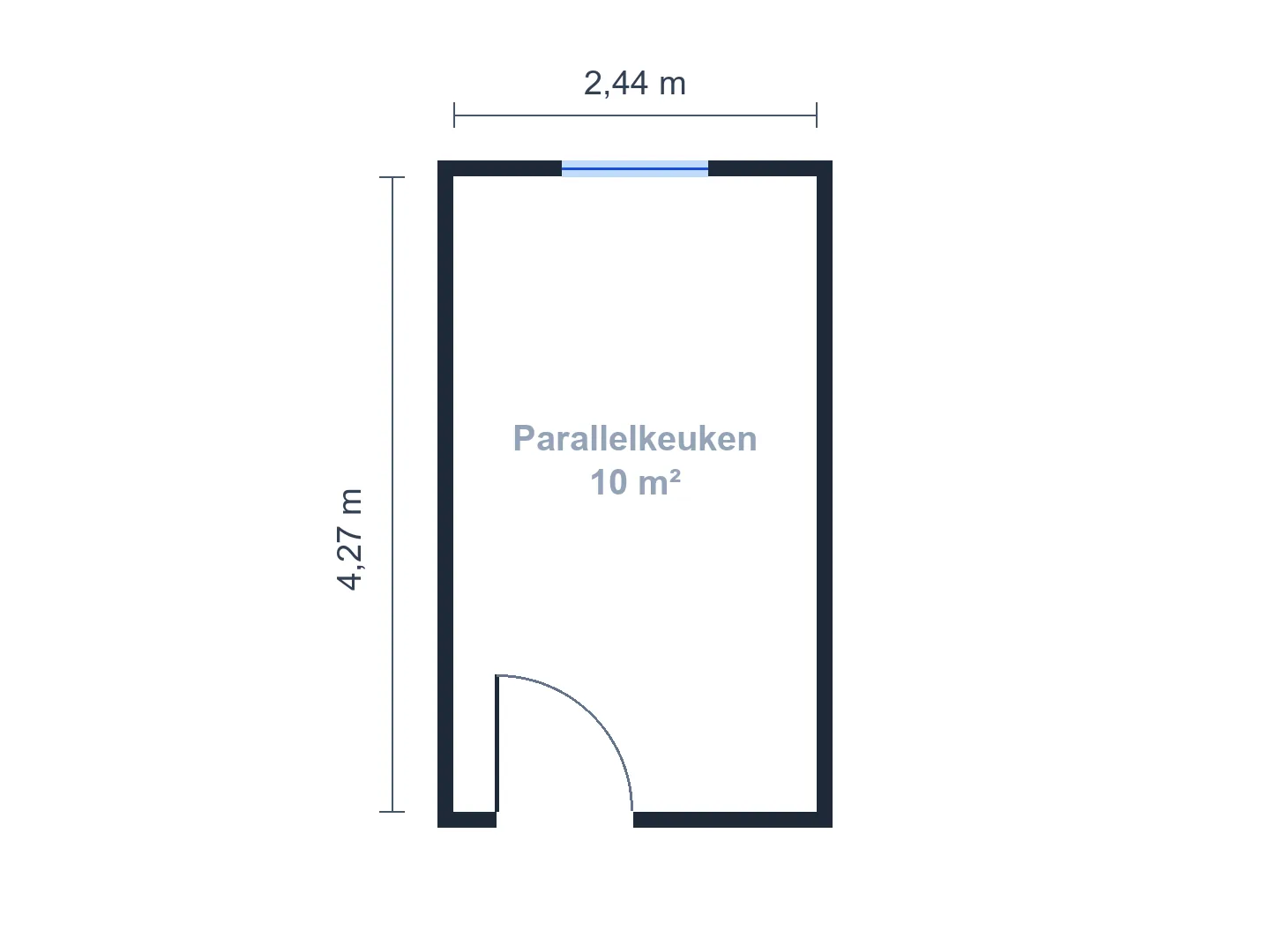 Parallelkeuken van 2,4 × 4,3 m met ca. 1,20 m loopruimte tussen de twee keukenblokken — Voor