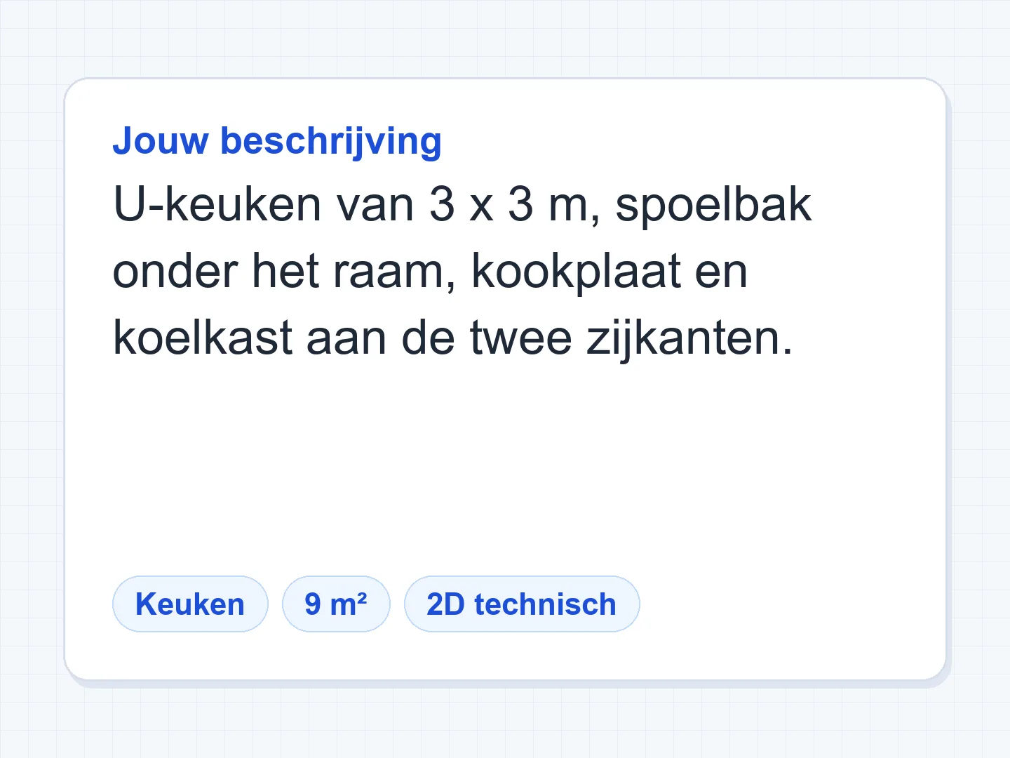 U-keuken van 3 × 3 m met de spoelbak onder het raam en ca. 1,80 m tussen de poten — Voor