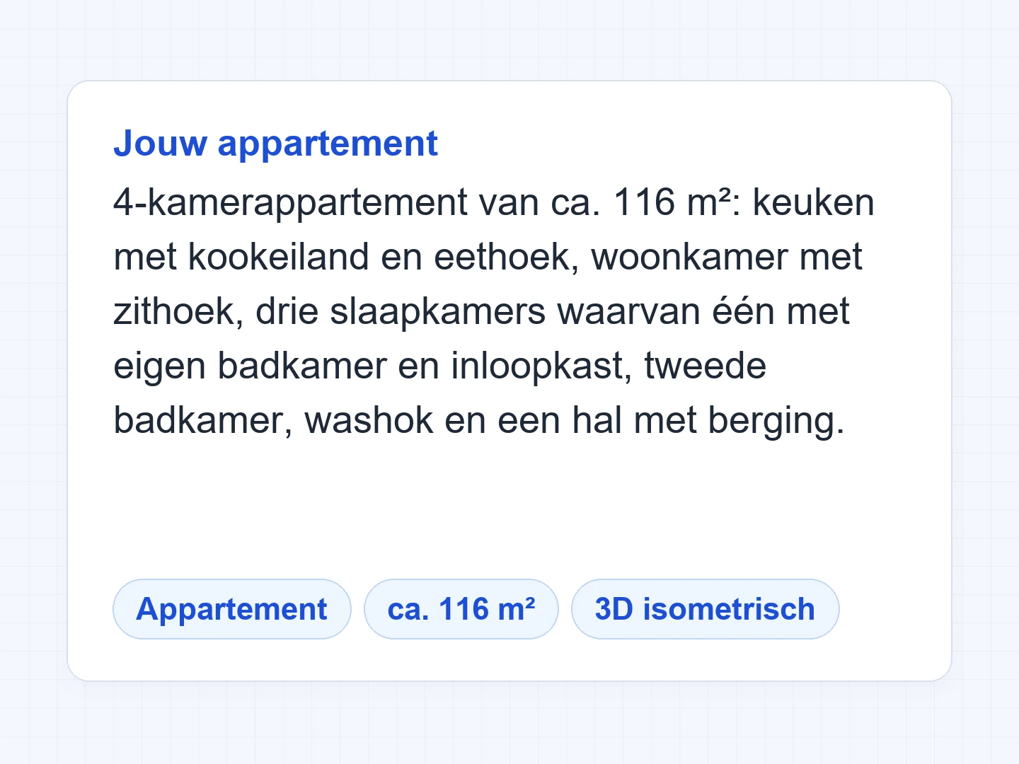 4-kamerappartement van ca. 116 m² als 3D-plattegrond, met drie slaapkamers, twee badkamers en een washok — Voor