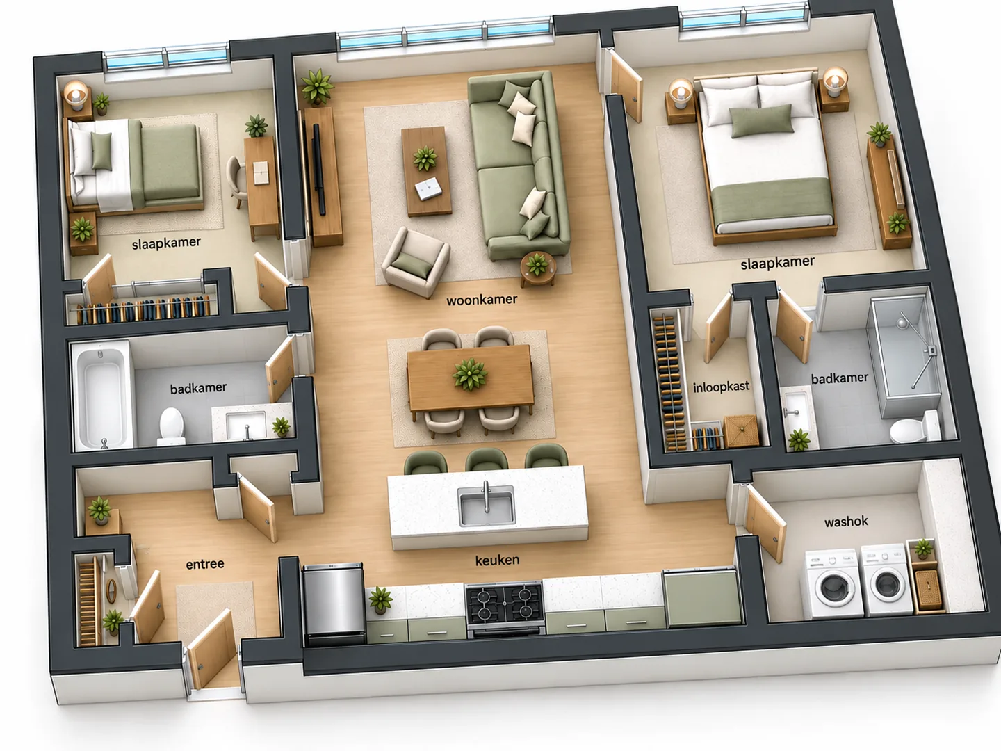 3D-plattegrond van een 3-kamerappartement met twee slaapkamers, twee badkamers, washok, keuken met kookeiland en woonkamer