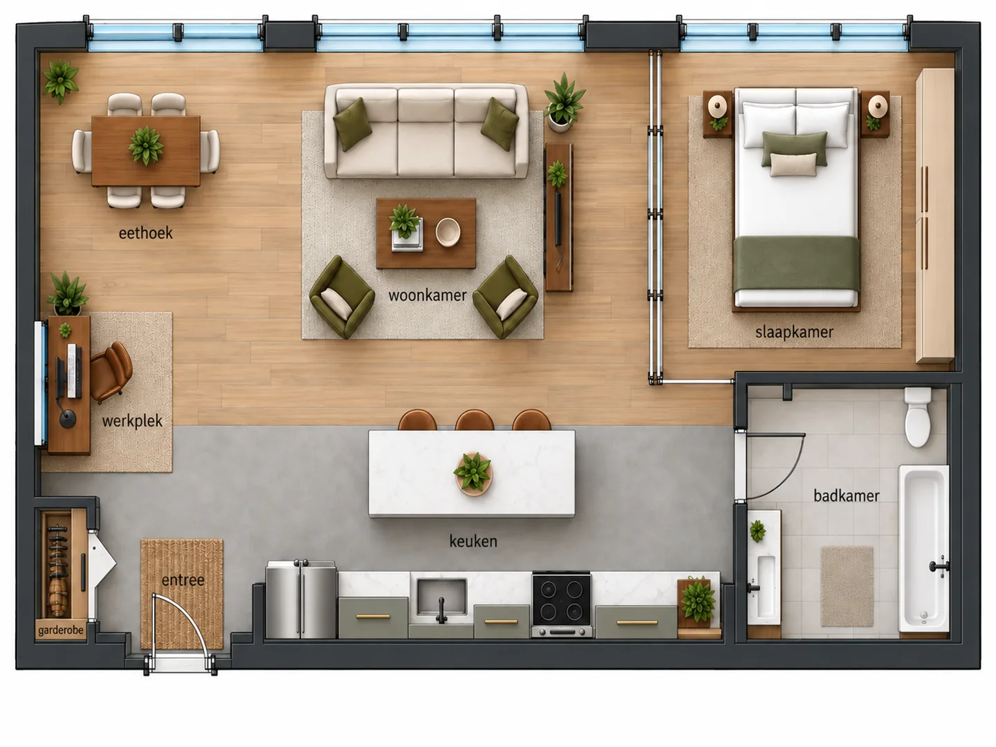 Plattegrond van een loftappartement met de slaapkamer achter een glazen wand, een werkplek in de hoek, eethoek, woonkamer, keuken met kookeiland en een badkamer