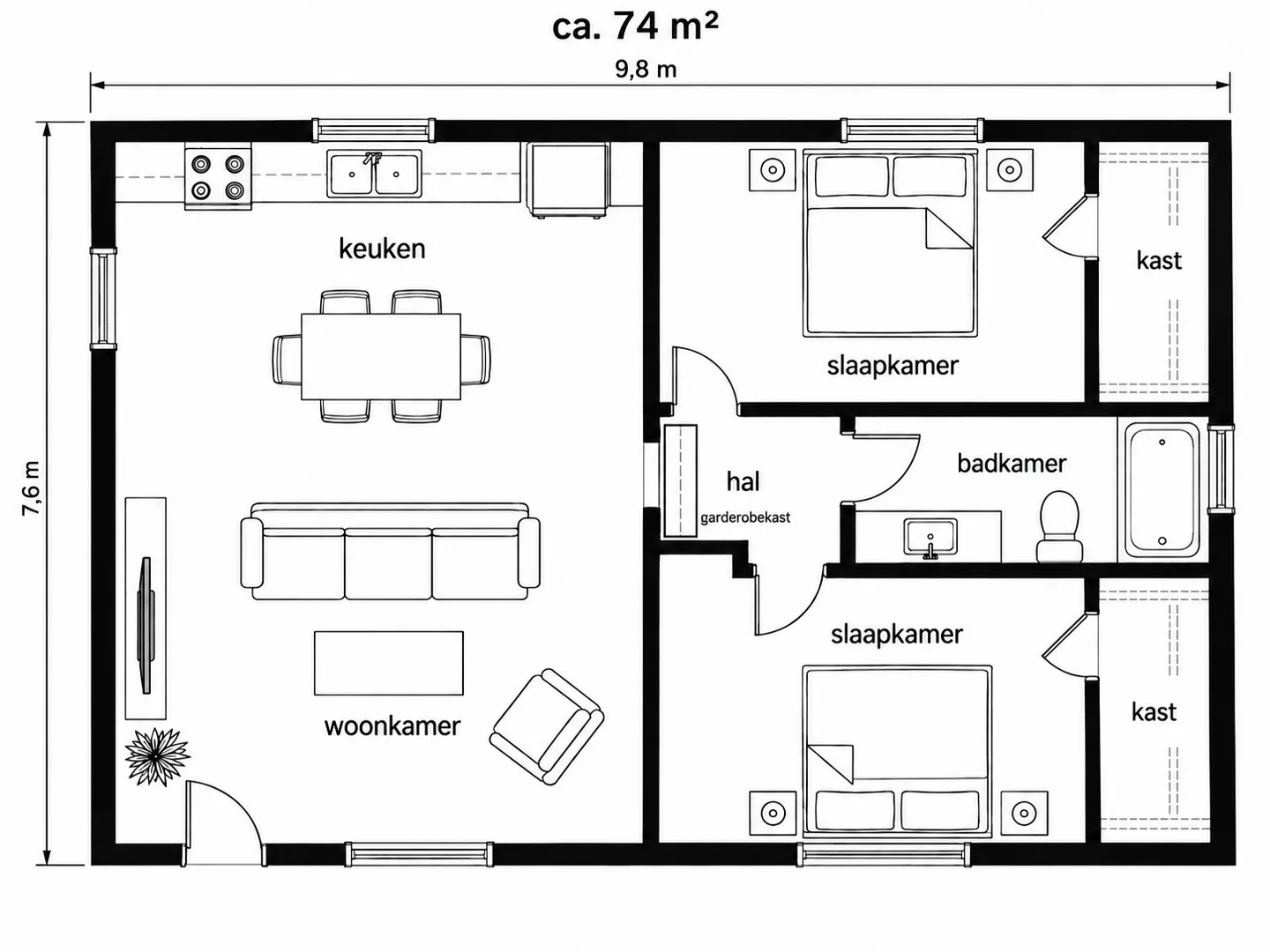 Technische 2D-plattegrond van een appartement van ca. 74 m²: woonkamer, keuken met eethoek, hal met garderobekast, twee slaapkamers met elk een kast en een badkamer met bad