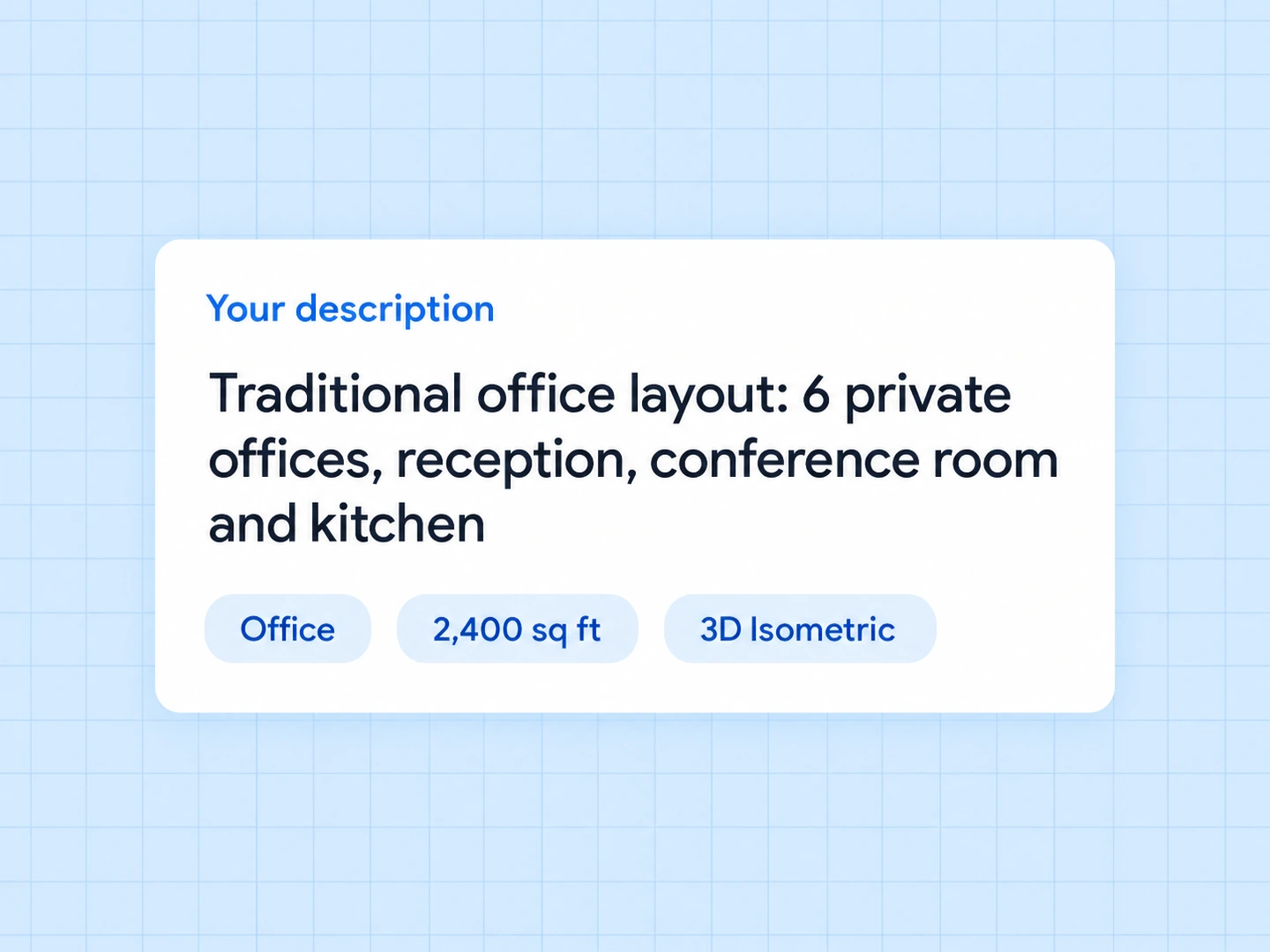Traditional office layout with six private offices, in 3D — Before