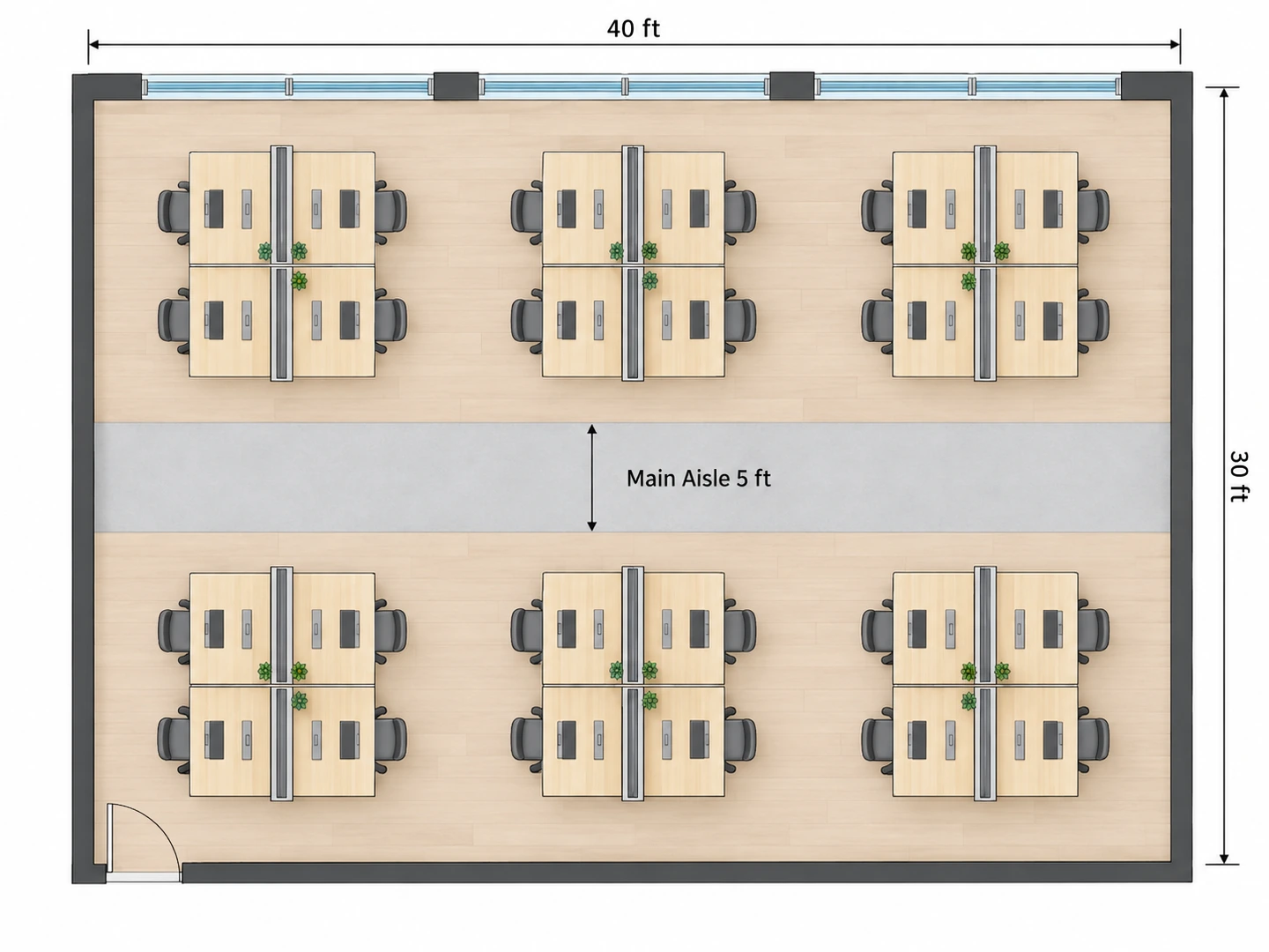 Office floor plan with desk pods on both sides of a 5 ft main aisle