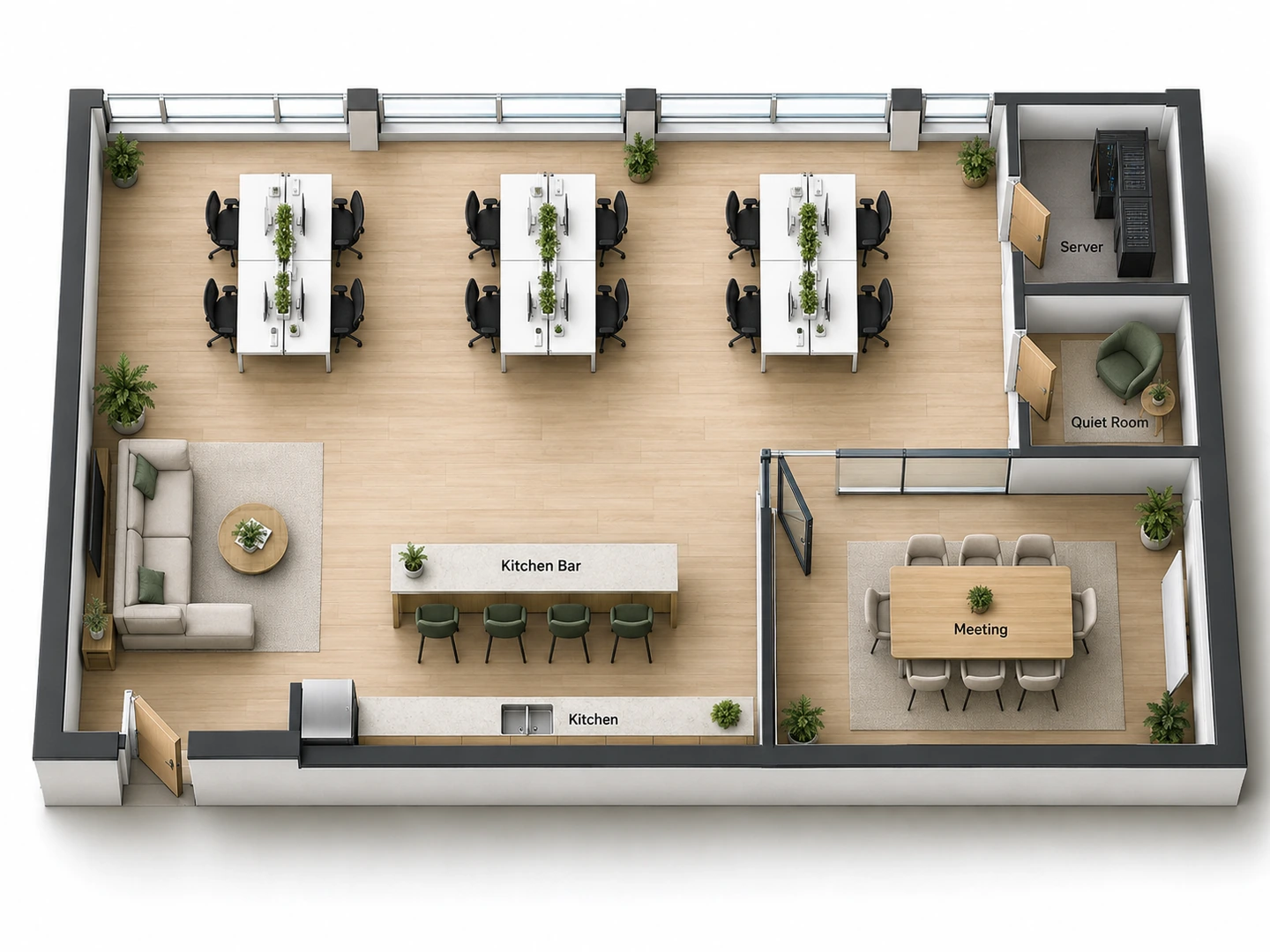 Modern IT office design in 2.5D with desk pods, a server closet and a lounge