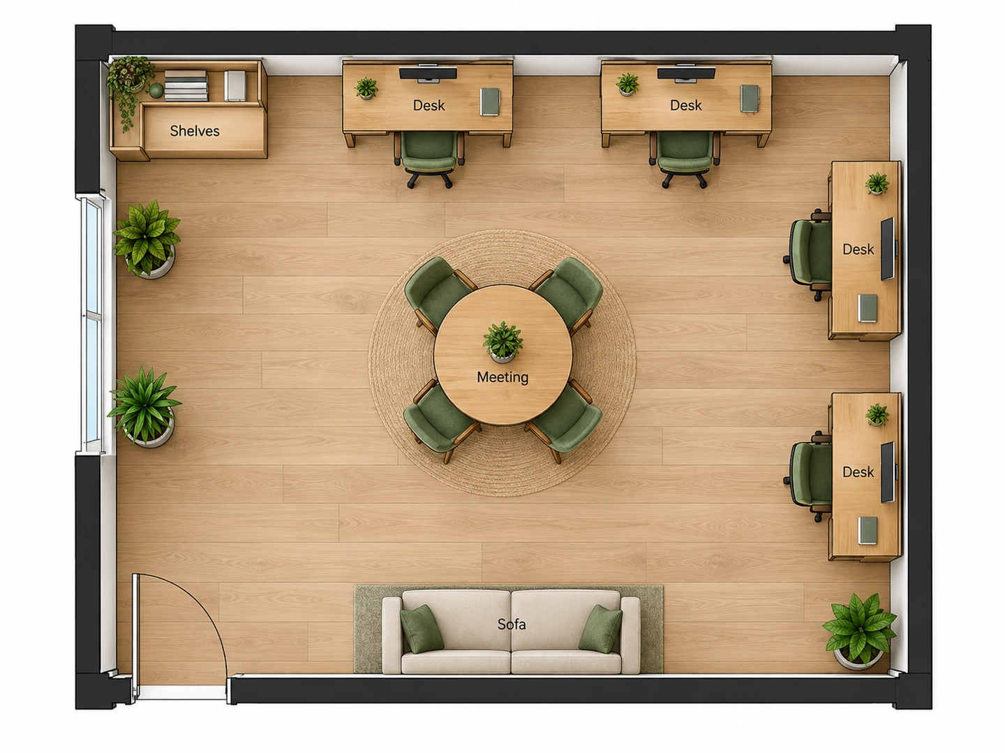 Feng shui office layout with desks against solid walls facing the entrance