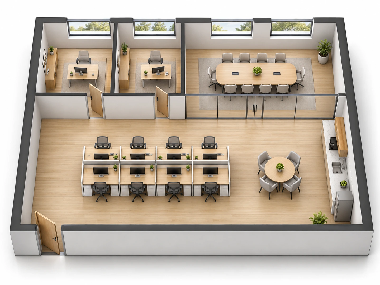 3D isometric office floor plan after two private offices became a meeting room